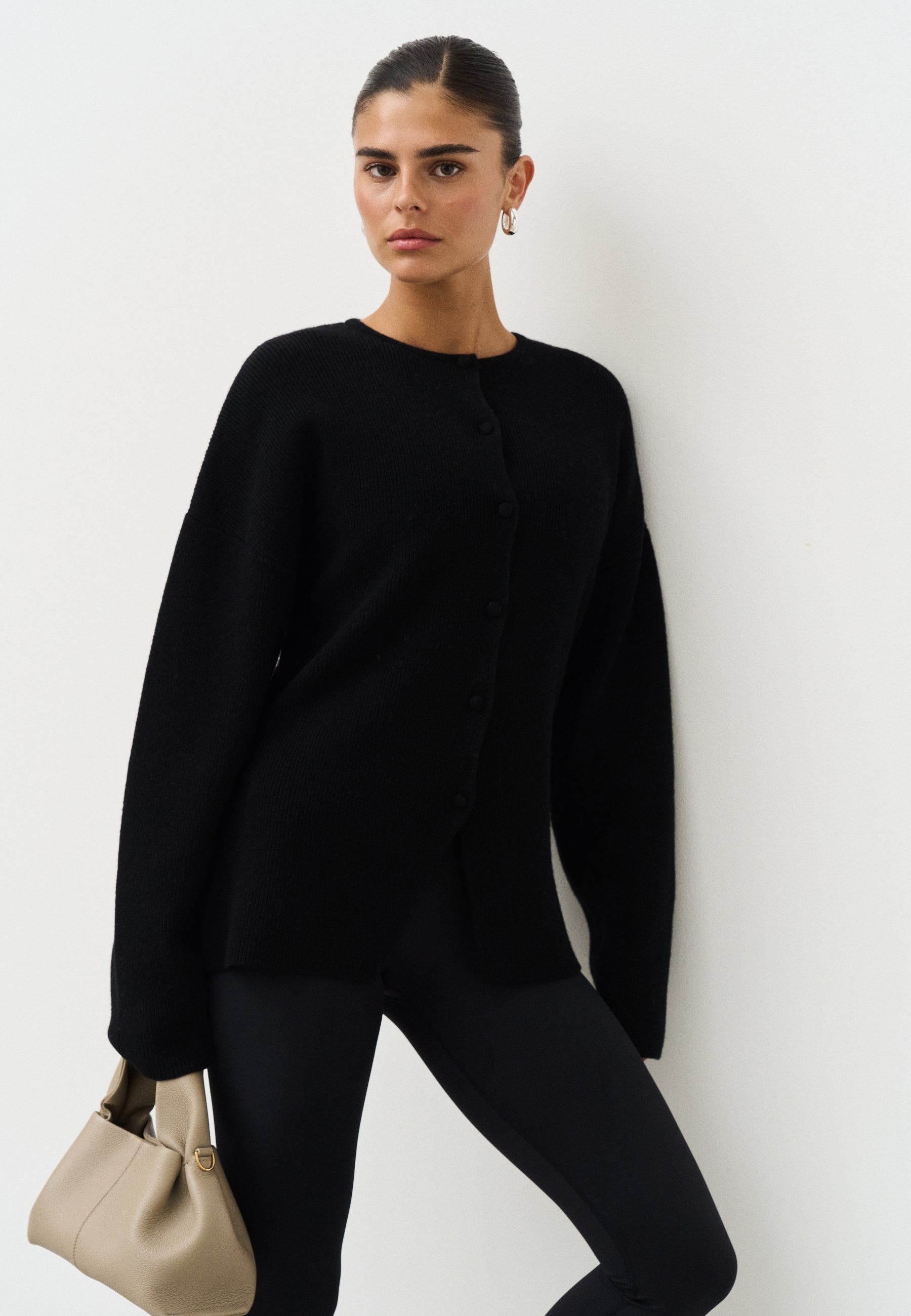 Cinched Merino Wool Cardigan - Black