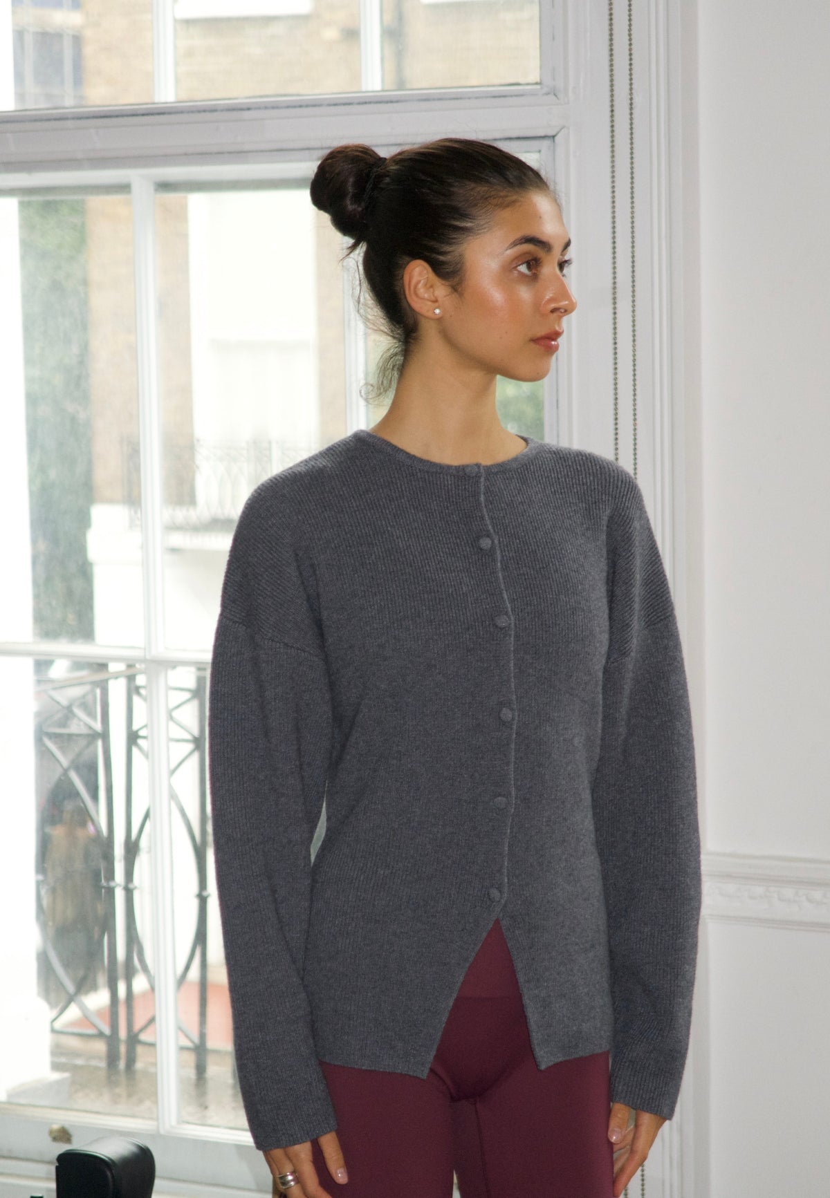 Cinched Merino Wool Cardigan - Dark Grey Marl