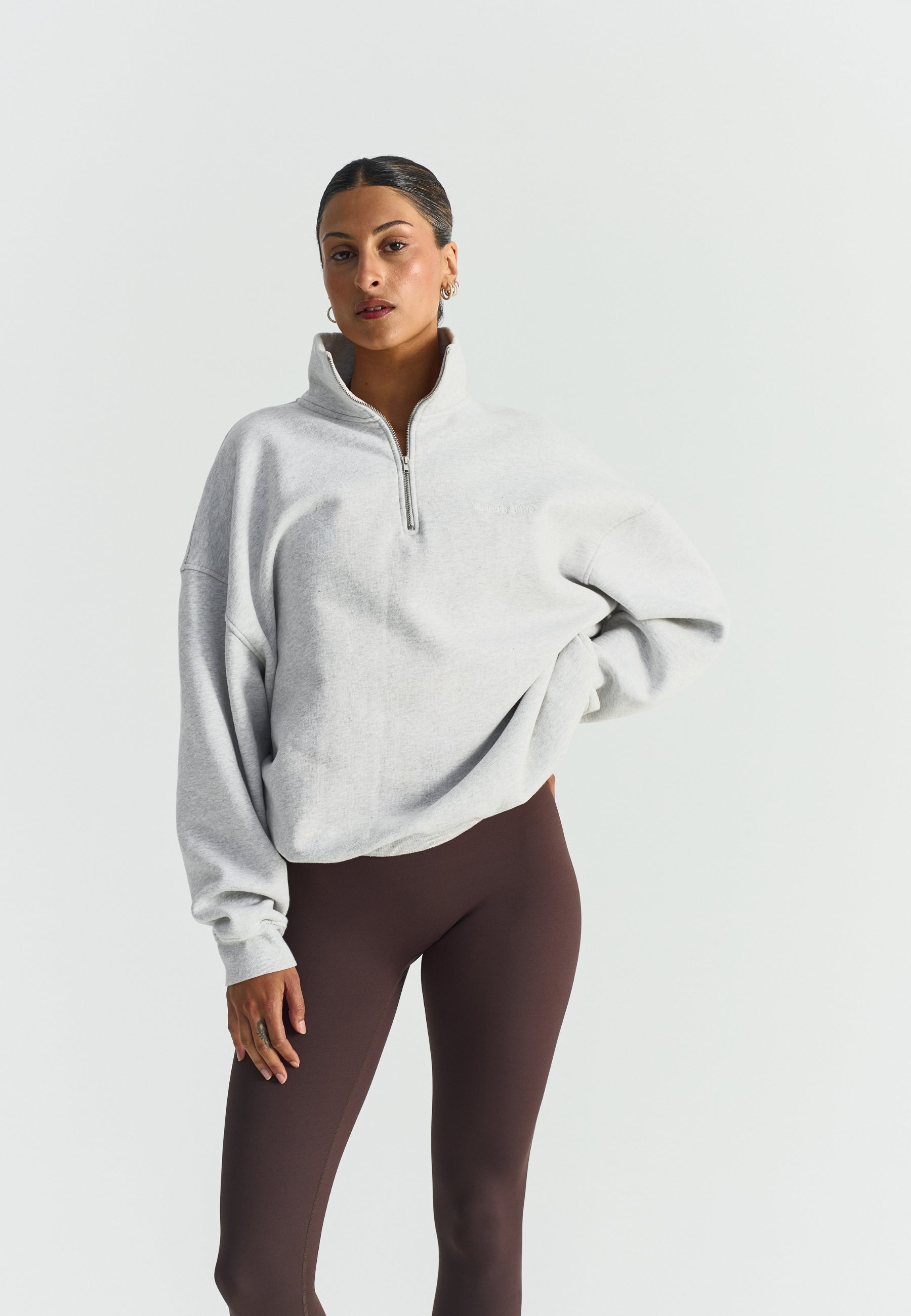 Sisterly Tribe Oversized Half Zip Sweatshirt - Grey Marl