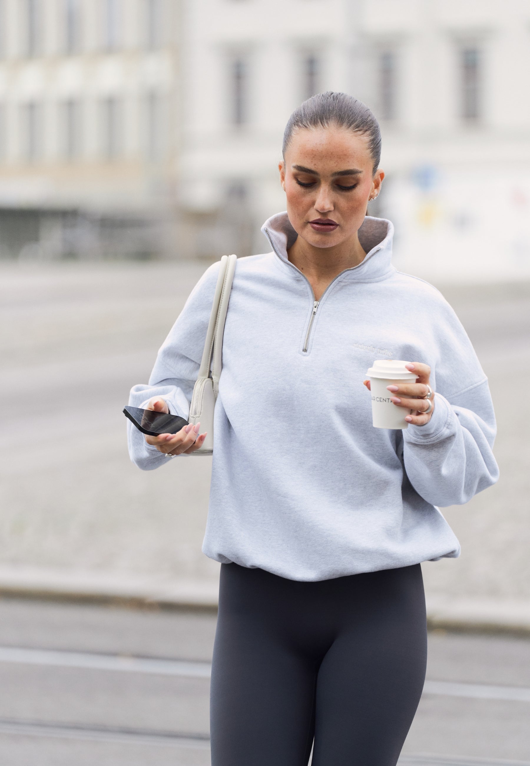 Sisterly Tribe Oversized Half Zip Sweatshirt - Grey Marl