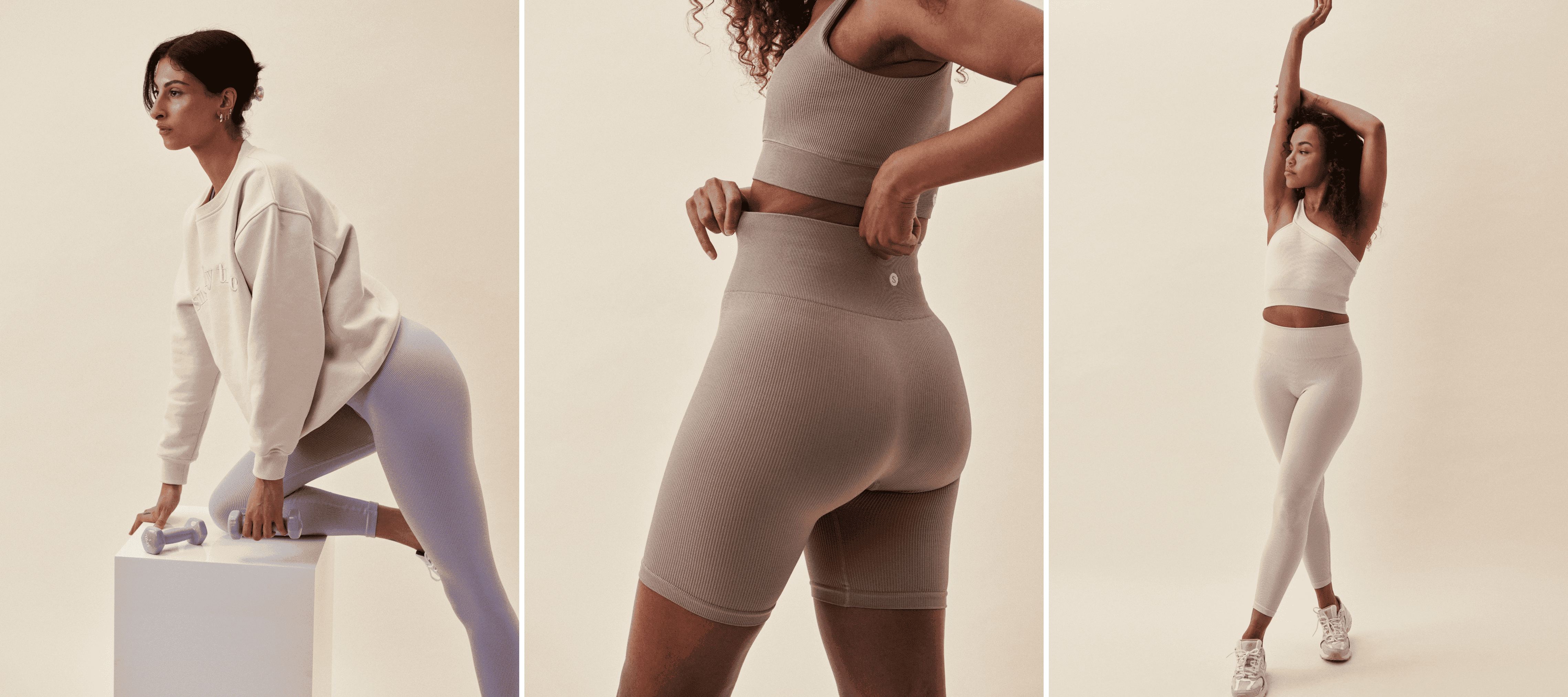 Sisterly Tribe Sweatshirt Marshmallow - Ribbed Seamless Shorts Cappuccino - Ribbed Seamless One Shoulder Bra Marshmallow