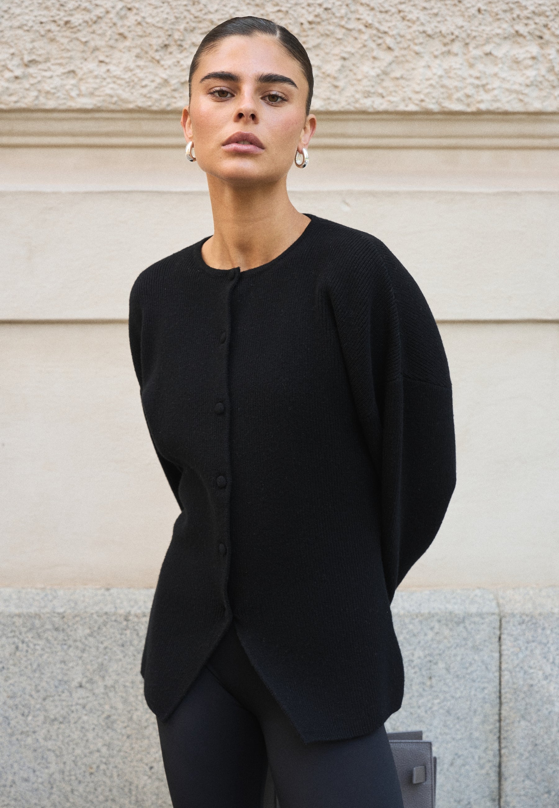 Cinched Merino Wool Cardigan - Black