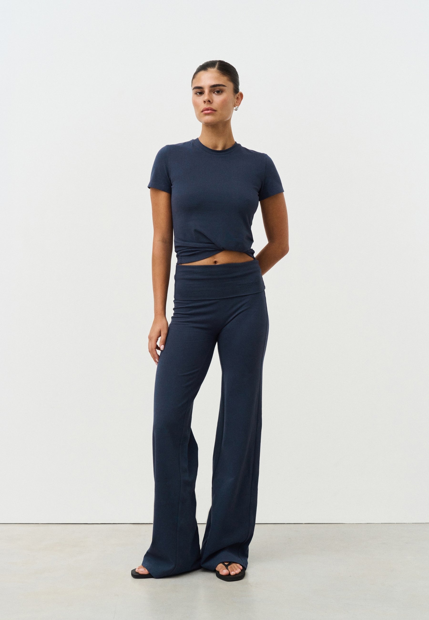Soft Cotton Foldover Pants  - Navy