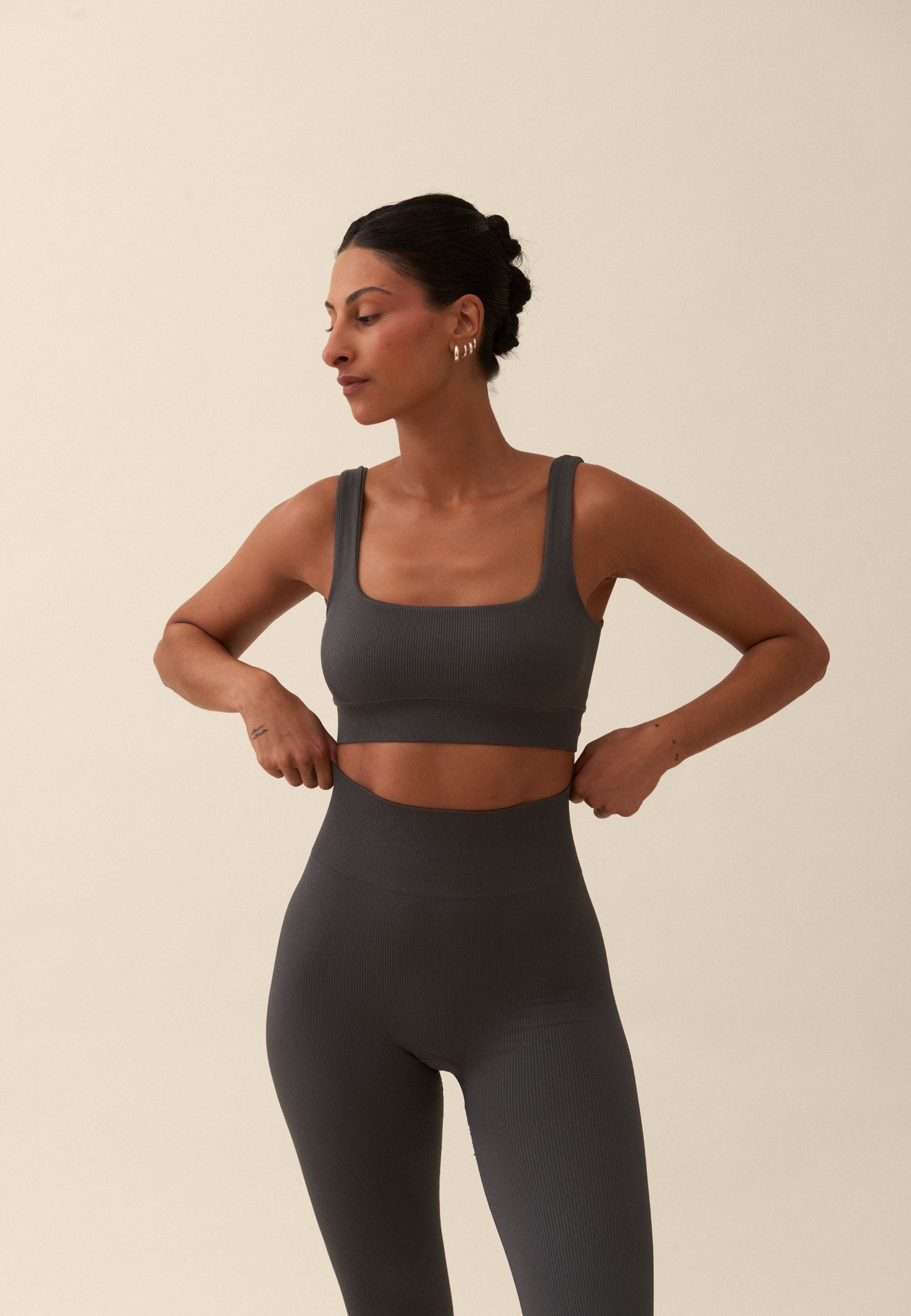 Ribbed Seamless Square Neck Bra  - Asphalt Grey