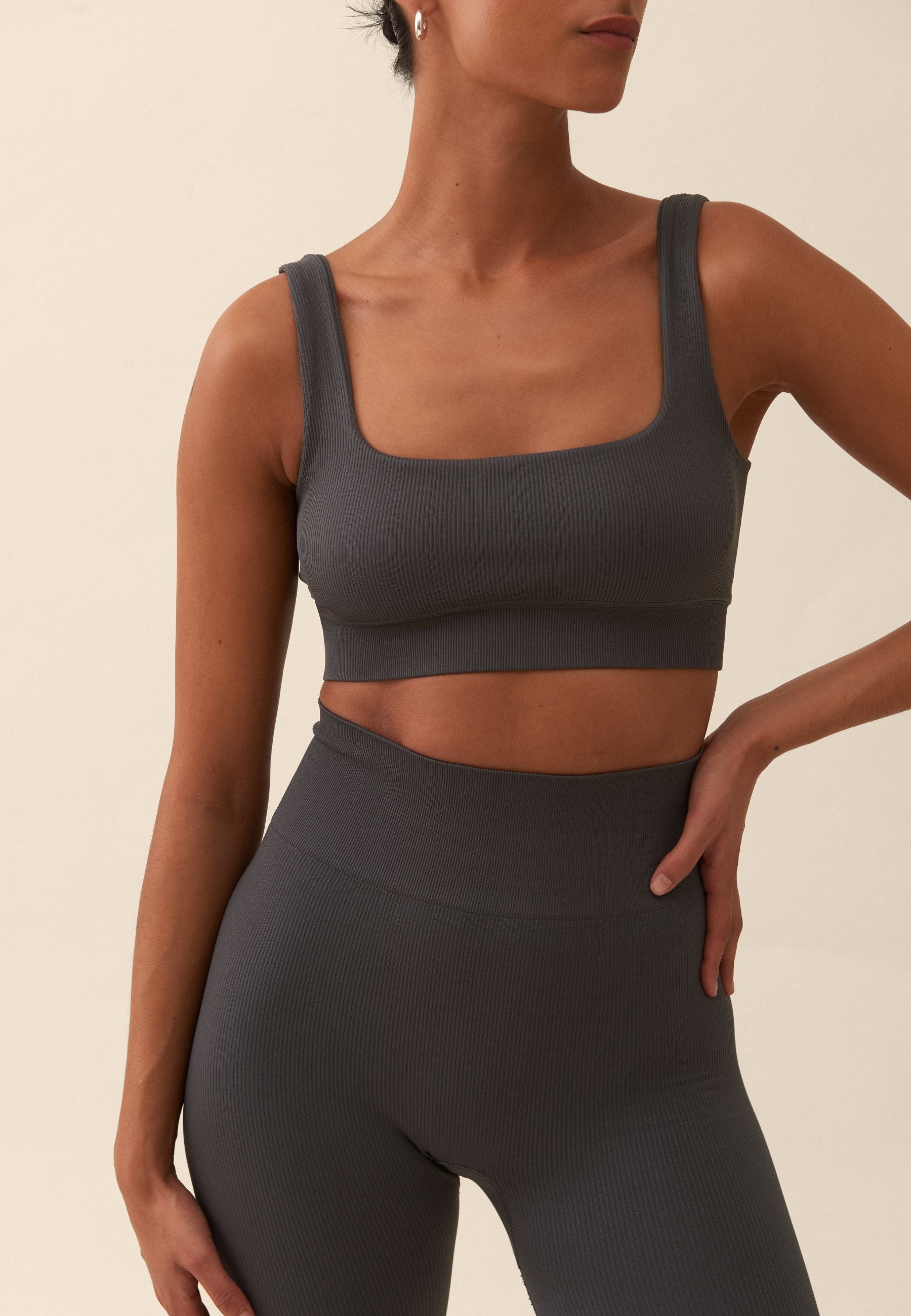 Ribbed Seamless Square Neck Bra  - Asphalt Grey