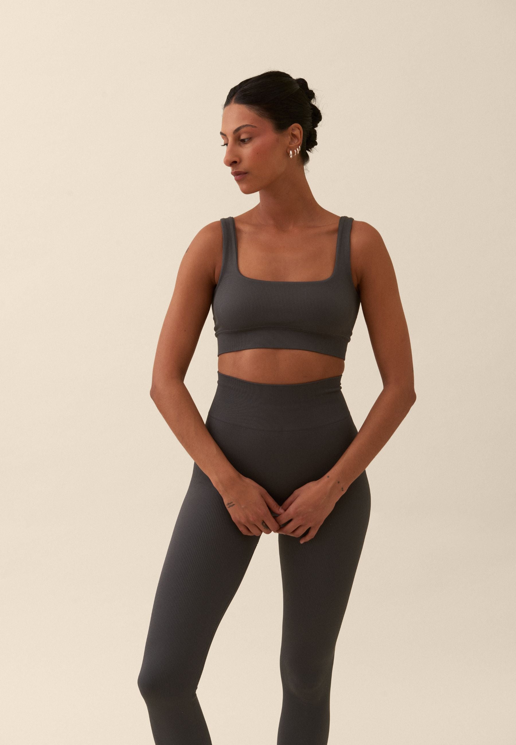 Ribbed Seamless Square Neck Bra  - Asphalt Grey