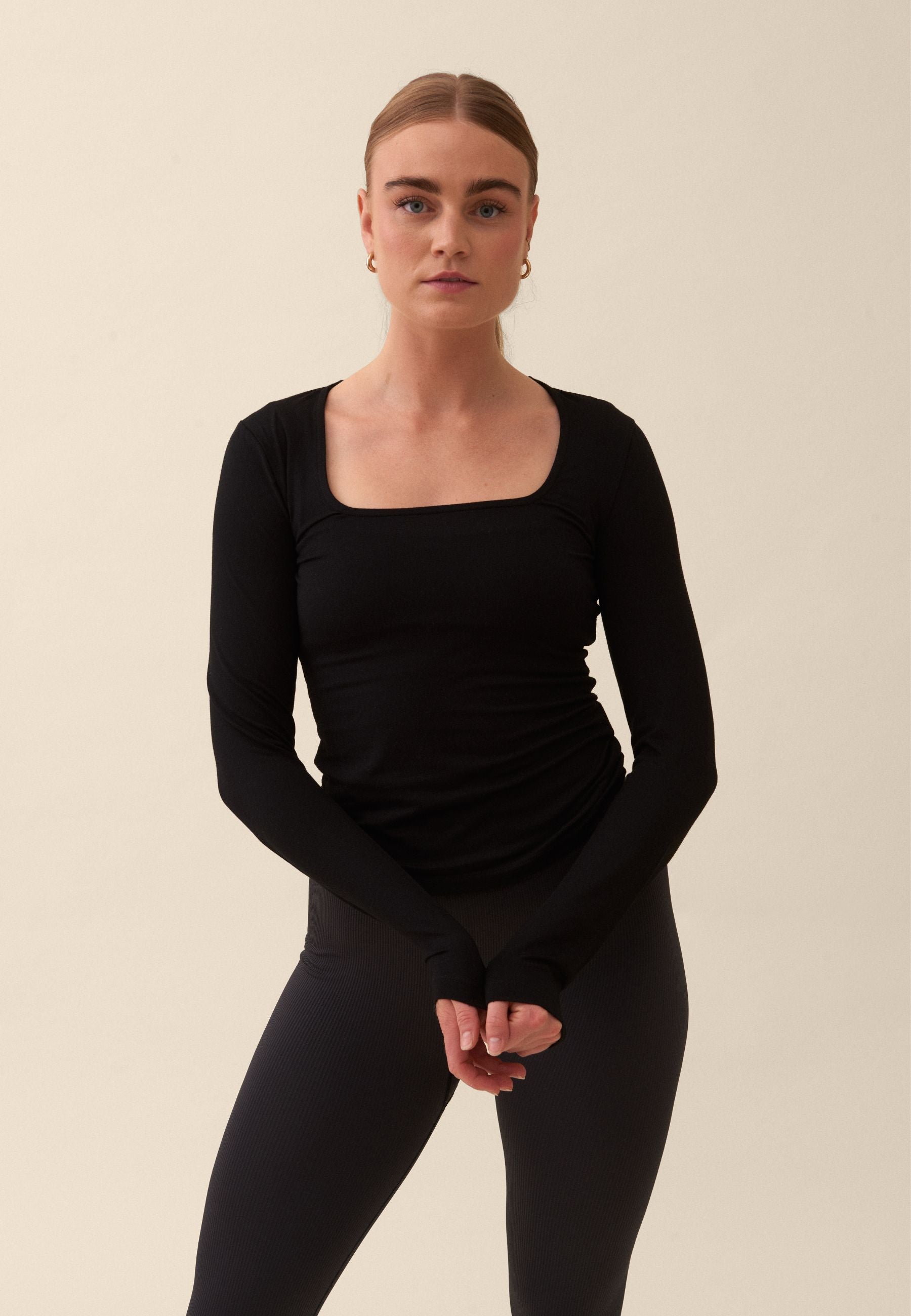 Soft Square Neck Long Sleeve Top - Black