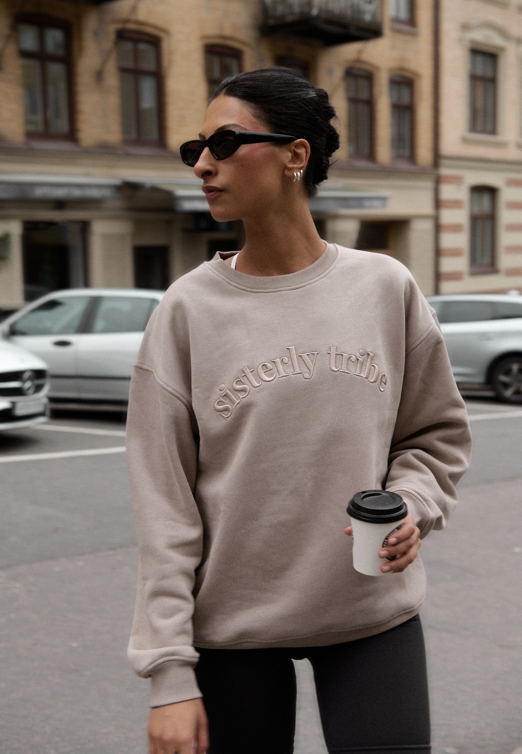 sisterly tribe sweatshirts in cappuccino oversized sweat made from recycled cotton and organic cotton made in portugal