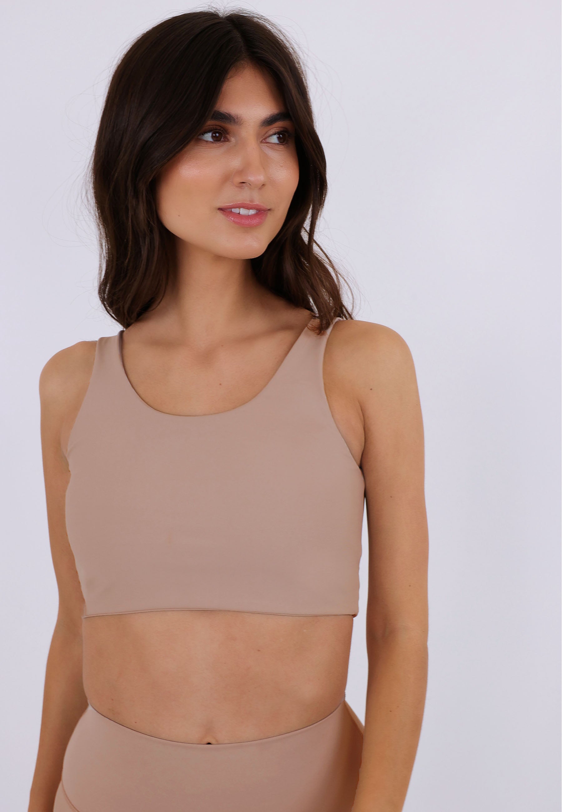 Sisterly Tribe - Midi Scoop Bra Taupe. Light to medium support, Feminine and minimalistic design, Buttery Soft & light, matte fabric.