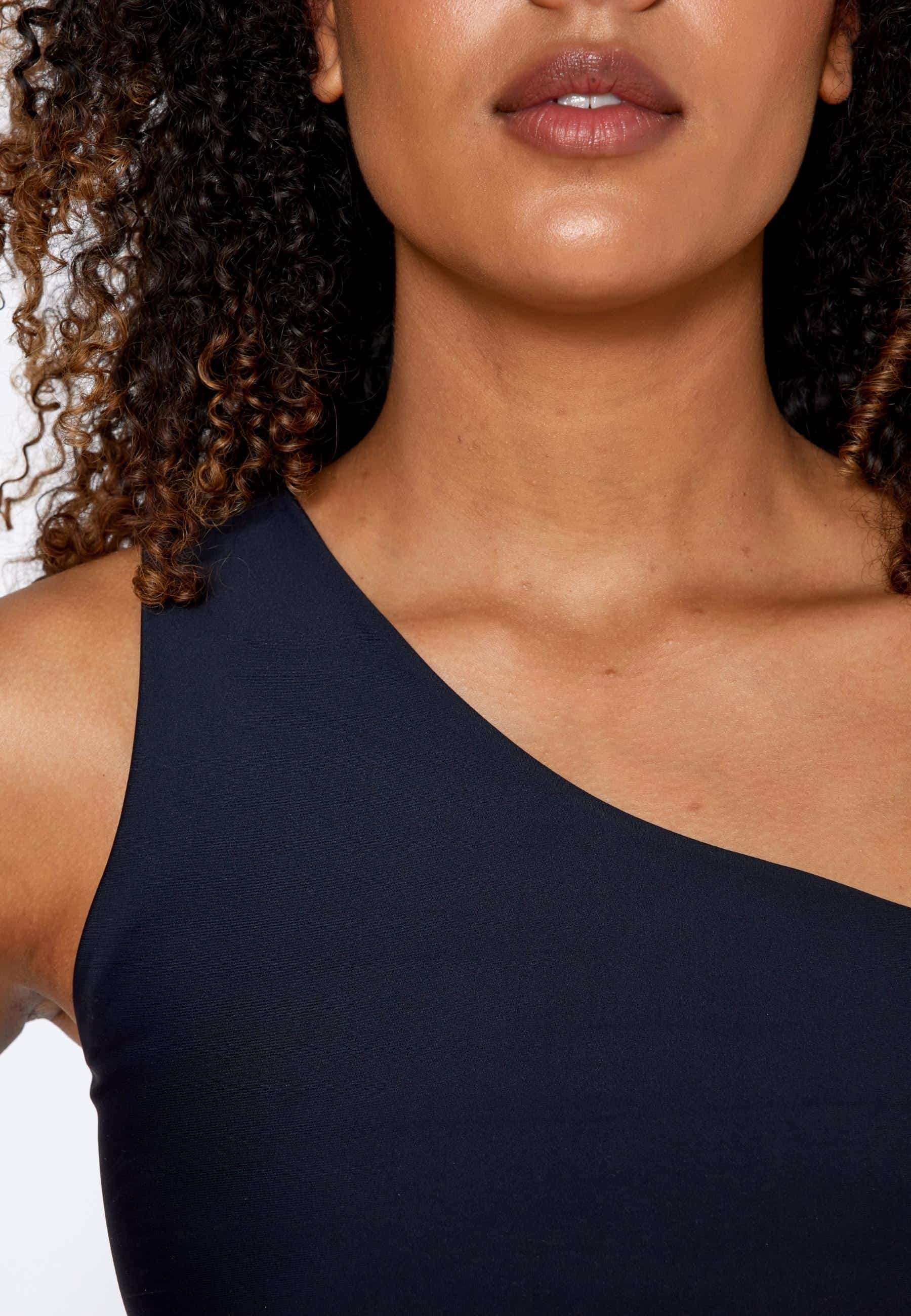 Sisterly Tribe - One Shoulder Top Black. One Shoulder design, Light to medium support, Buttery Soft & light, matte fabric.
