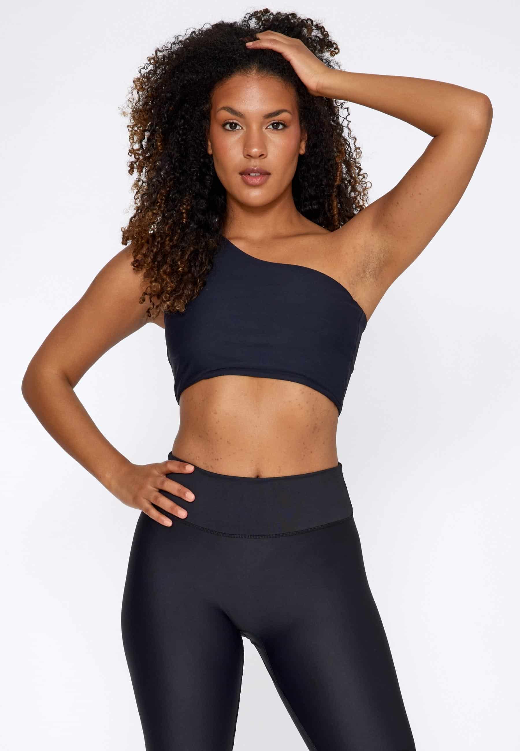 Sisterly Tribe - One Shoulder Top Black. One Shoulder design, Light to medium support, Buttery Soft & light, matte fabric.