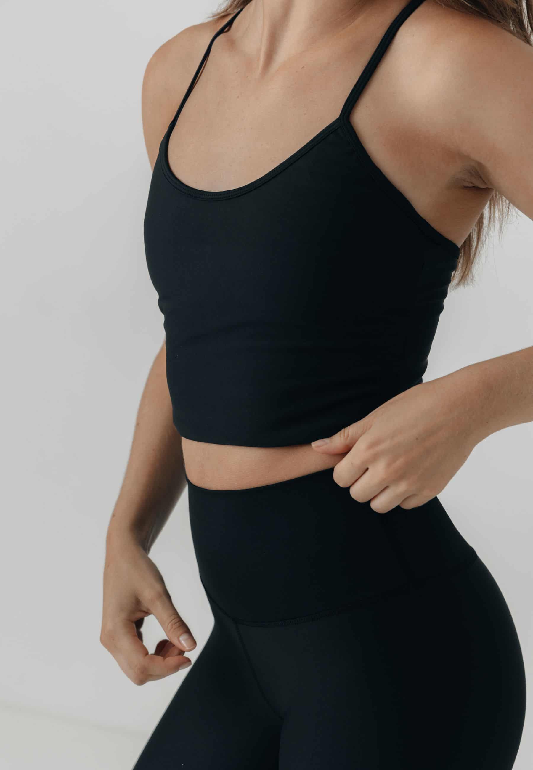 Sisterly Tribe - Yoga Singlet Top Black. Light support, Thin shoulder strap, minimalistic design, Buttery Soft and light, matte fabric.